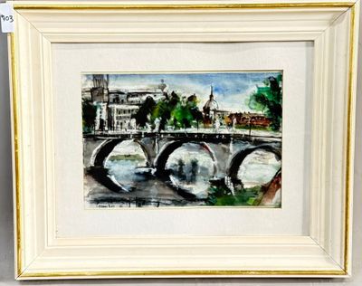 une peinture représentant un pont au-dessus d'une étendue d'eau