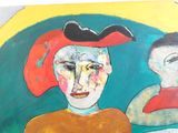 un tableau représentant une femme et un homme coiffé d'un chapeau rouge