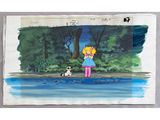 a painting of a woman and a dog by the water