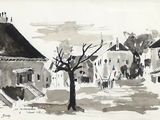 a drawing of a tree in front of a building
