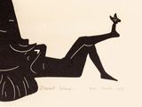a black and white drawing of a woman laying on the ground