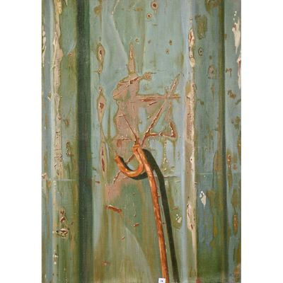 peinture représentant une porte métallique rouillée, dotée d'une poignée rouillée et d'une poignée de porte rouillée