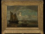 an oil painting of boats in a body of water with a sky background