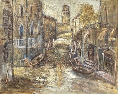 a painting of a canal with boats on it