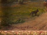a painting of a woman and a dog on a dirt road