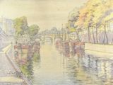 a painting of boats on a river with a bridge in the background