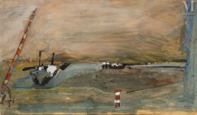 un tableau représentant un bateau sur l'eau, avec un homme debout à côté