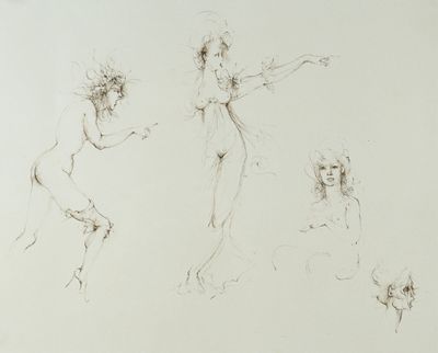 trois croquis représentant une femme et un homme assis sur un canapé