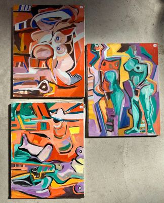 three paintings on a wall of different colors and shapes