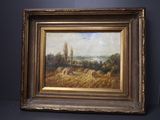 une peinture à l'huile d'un paysage avec une église au loin