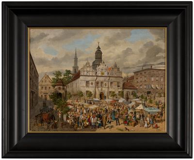 un tableau représentant une foule de personnes debout devant un bâtiment