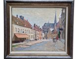 une peinture à l'huile d'une scène de rue avec une voiture à cheval