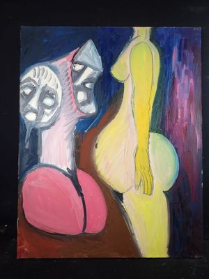 an oil painting of a woman and a man standing next to each other
