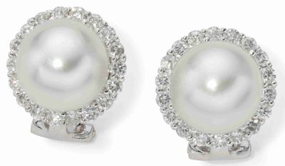 Boucles D'Oreilles EN OR Gris 18k, Diamants ET Perles