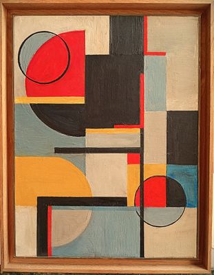 Peinture géométrique sur carton datée 1954 au dos