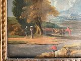 a picture of a painting of a man riding a horse by a river