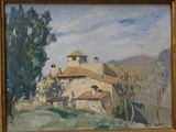 an oil painting of a house on a hill with trees in the foreground