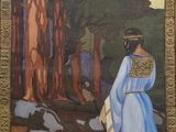 tableau représentant une femme en robe bleue marchant dans une forêt