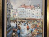 une peinture à l'huile représentant une scène de rue en ville, avec des personnages et des bâtiments