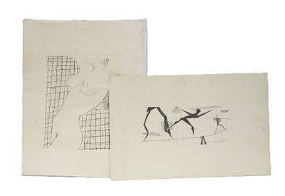 two black and white drawings of people on a white surface