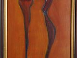 an oil painting of two red flowers on an orange background