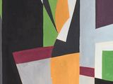 an abstract painting of a black background with a green, yellow, red, and black design