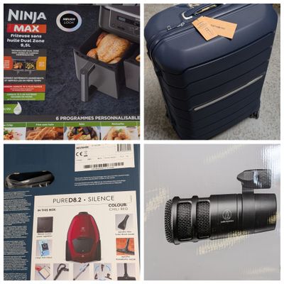 plusieurs photos différentes d'un bagage qui se trouve dans une boîte