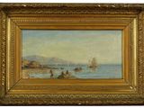 une peinture à l'huile représentant des bateaux sur l'eau près d'une rive