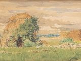 painting of a field with hay stacks and a tree in the foreground