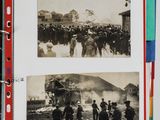 two pages of old photos of people and a train