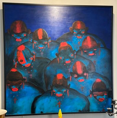 a painting on the wall of a room with a painting of a group of people