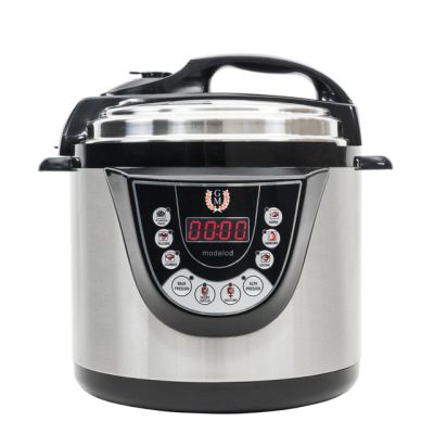 a close up of an electric pressure cooker on a white background