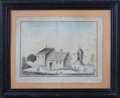 an old picture of a building with a windmill in the background