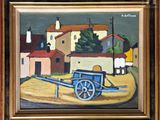 an oil painting of a horse drawn carriage in front of a village