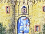 painting of a woman in a blue dress standing in front of a castle