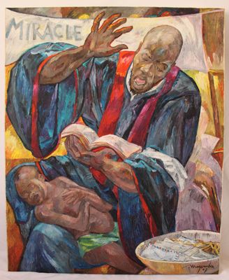 une peinture à l'huile représentant un homme lisant un livre à un bébé