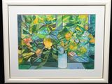 a painting of lemons in a white vase on a table