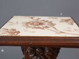 a close up of a wooden table with a marble top