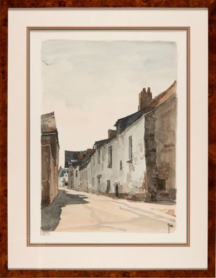 a watercolor painting of a street in a village