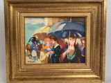 un tableau représentant un groupe de personnes avec des parapluies