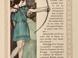 illustration of a woman aiming a bow at a man in a blue dress