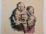 an old drawing of a group of men holding a baby