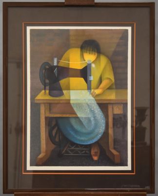 painting of a woman sewing on a sewing machine in a room