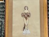 painting of a woman in a bathing suit in a gold frame on a carpet