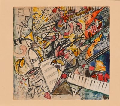 dessin représentant un tableau sur lequel figurent des instruments de musique et un homme jouant du piano
