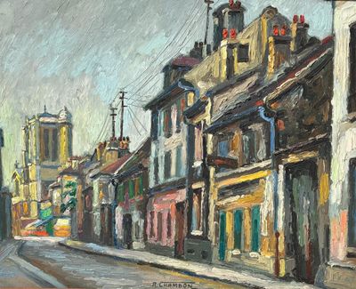tableau représentant une scène de rue avec des bâtiments et une tour horloge au loin