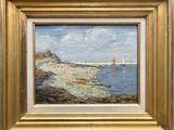 a picture of a painting of a beach scene in a gold frame