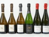 six bouteilles de vin sont alignées sur une surface blanche