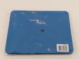 the back of a blue laptop computer sitting on top of a white table