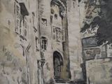 une peinture représentant une peinture d'un bâtiment accrochée au mur